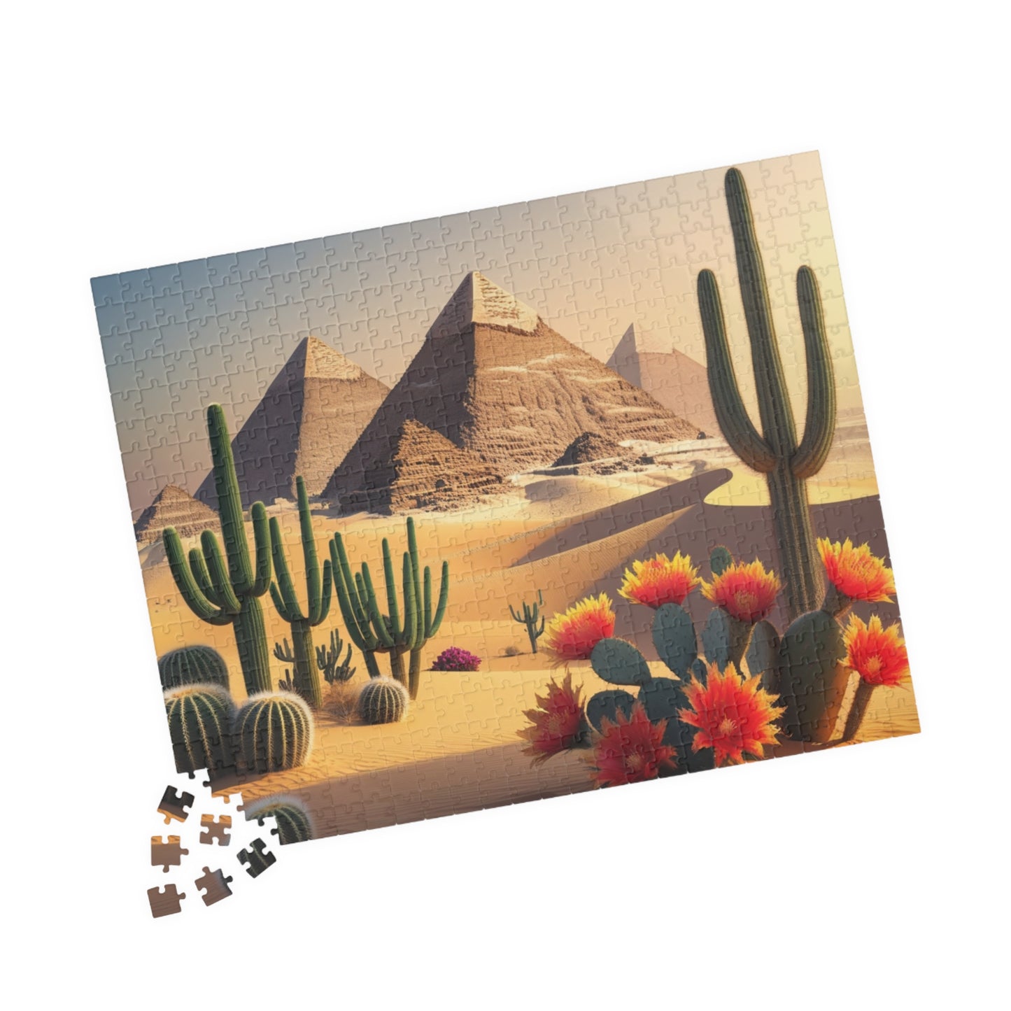 Pyramids of Giza Jigsaw Puzzle, Desert Landscape Cacti Prickly Pears Red Flowers, 110 252 520 1014-piece, Fun Egyptian Travel Hobby, Ancient Puzzle The Puzzle Chest