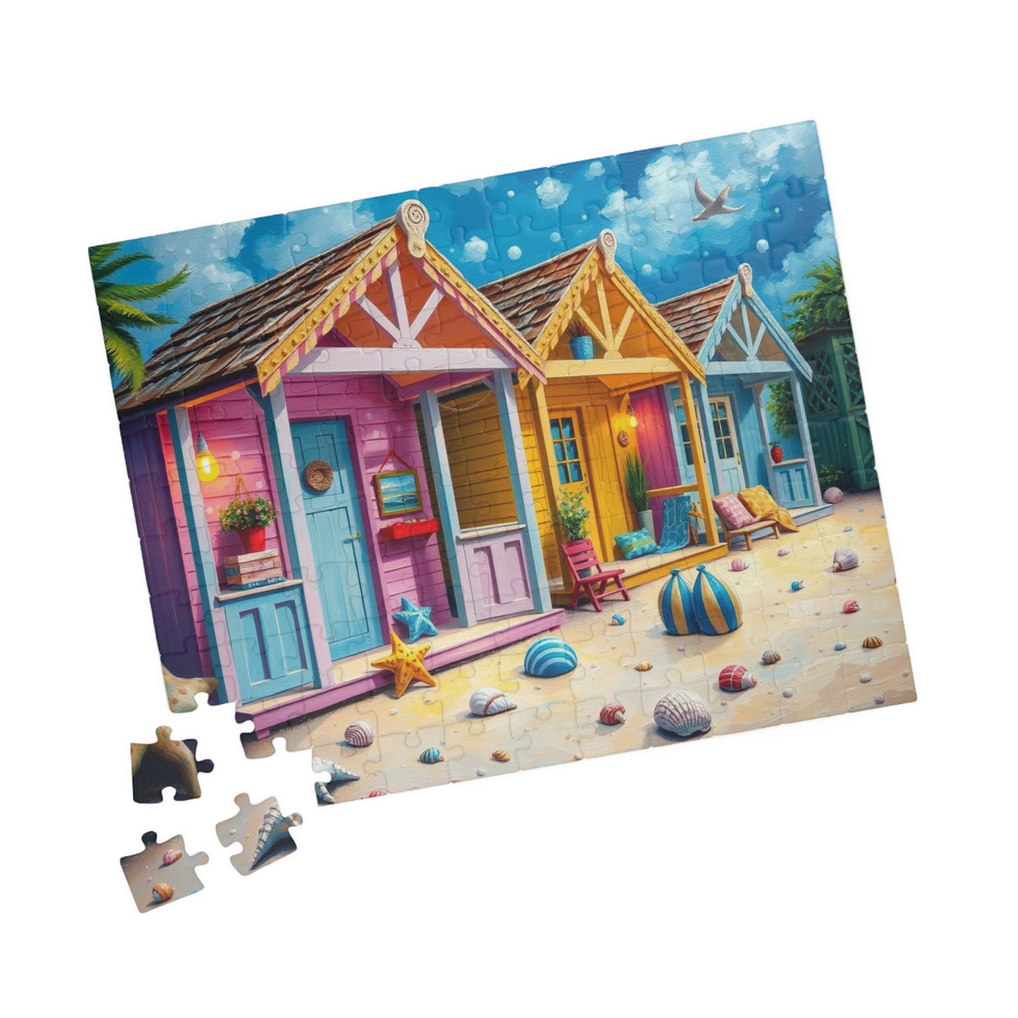 Beach Puzzle with Pastel Huts, Coastal Jigsaw Puzzle for Adult, 110-1014 Pieces Seaside Puzzle Fun Family Game, Friend Gift for Puzzle Lover Puzzle The Puzzle Chest