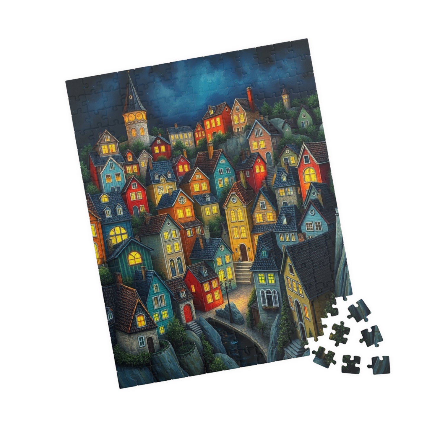 Village Puzzle at Night with Colorful Houses and Glowing Windows, Nighttime Adult Jigsaw Game, Bioluminescent Town The Puzzle Chest
