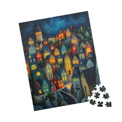Village Puzzle at Night with Colorful Houses and Glowing Windows, Nighttime Adult Jigsaw Game, Bioluminescent Town The Puzzle Chest