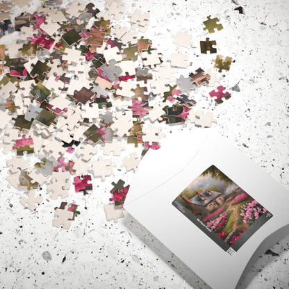Enchanted Stone Cottage Puzzle, Thatched Roof Home Blooming Cyclamen Meadow, Idyllic Countryside Pink Purple Floral Landscape Game, Giftable Puzzle The Puzzle Chest