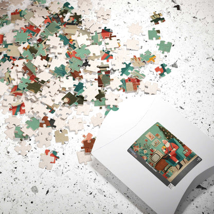 Christmas Puzzle - Santa's Cozy Livingroom Jigsaw, Retro Cartoon Illustration Puzzle The Puzzle Chest