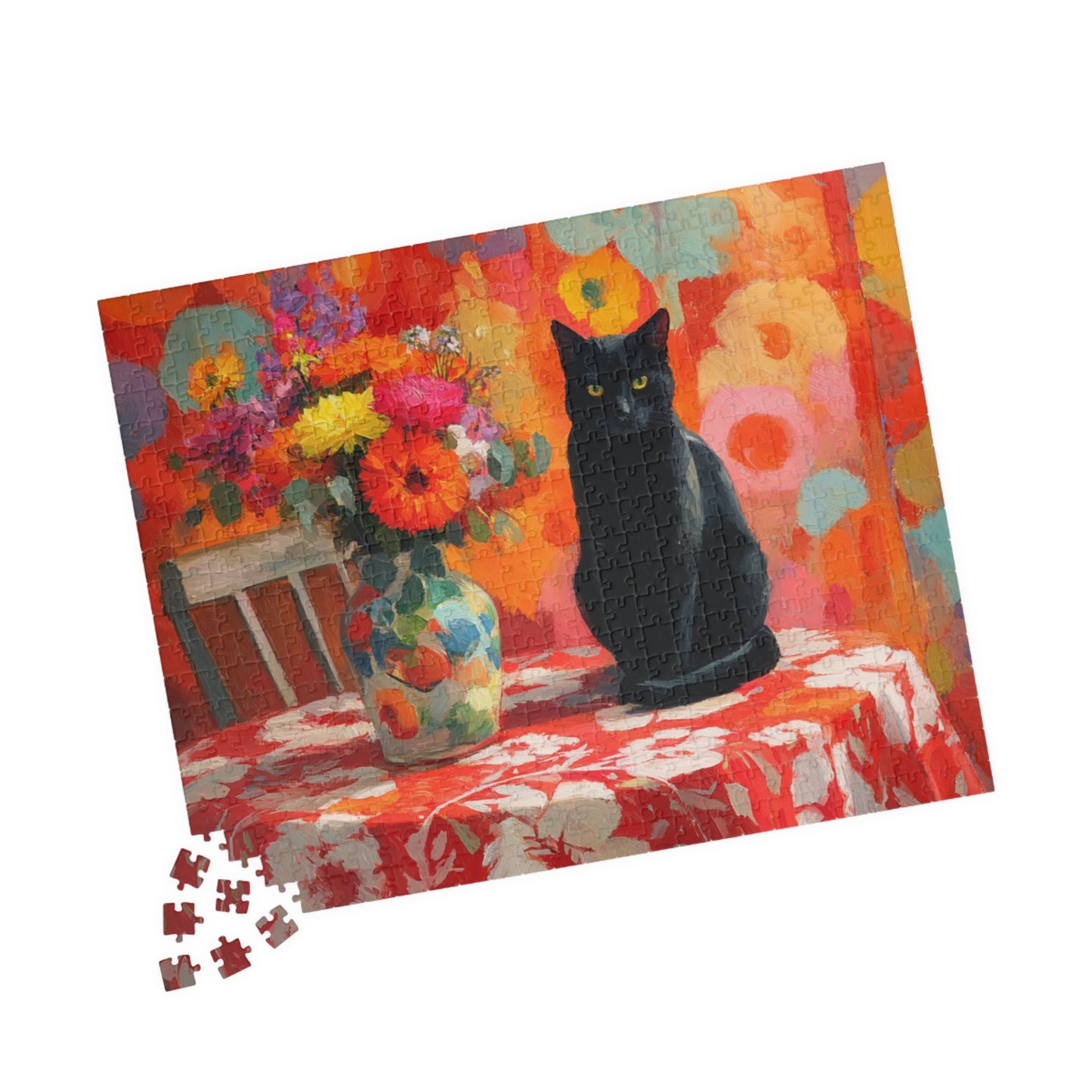 Cat and the Flowered Tablecloth – Fauvist Black Cat Jigsaw Puzzle, Animal Theme Art Puzzle, Matisse-Inspired 520 pcs (Horizontal) Puzzle The Puzzle Chest