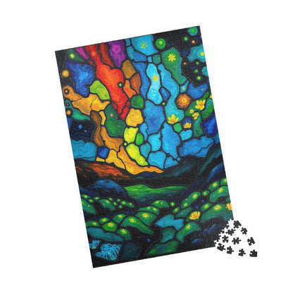 Radiant Understory Landscape Jigsaw Puzzle, Stained Glass Style Nature-Themed Abstract Puzzle for Family Fun, Gifts, Home Decor, Game Nights