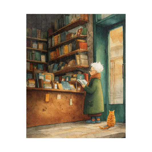 Golden Hour at the Book Nook - Cozy Bookstore Jigsaw Puzzle, Vintage Cartoon Illustration, Cat Lover, Holiday Birthday Gift for All Ages Puzzle The Puzzle Chest