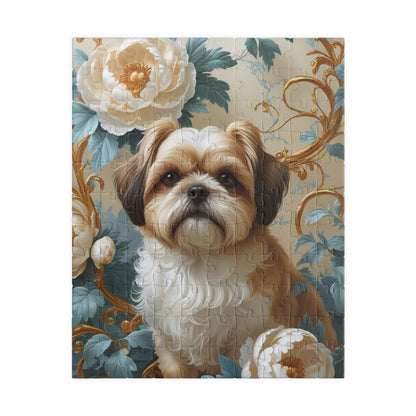 Jigsaw Puzzle - William Morris-Inspired Design with Shih Tzu and Peonies, 110, 252, 520, 1014-piece, Mind Teaser Brain Game Family Fun, Gift
