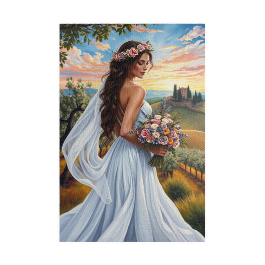Elegant Italian Bride Jigsaw Puzzle, White Gown Floral Crown Wildflower Bouquet, Tuscan Vineyard Romantic Wedding, Puzzle Enthusiast Gift 1014 pcs (Vertical) Puzzle The Puzzle Chest
