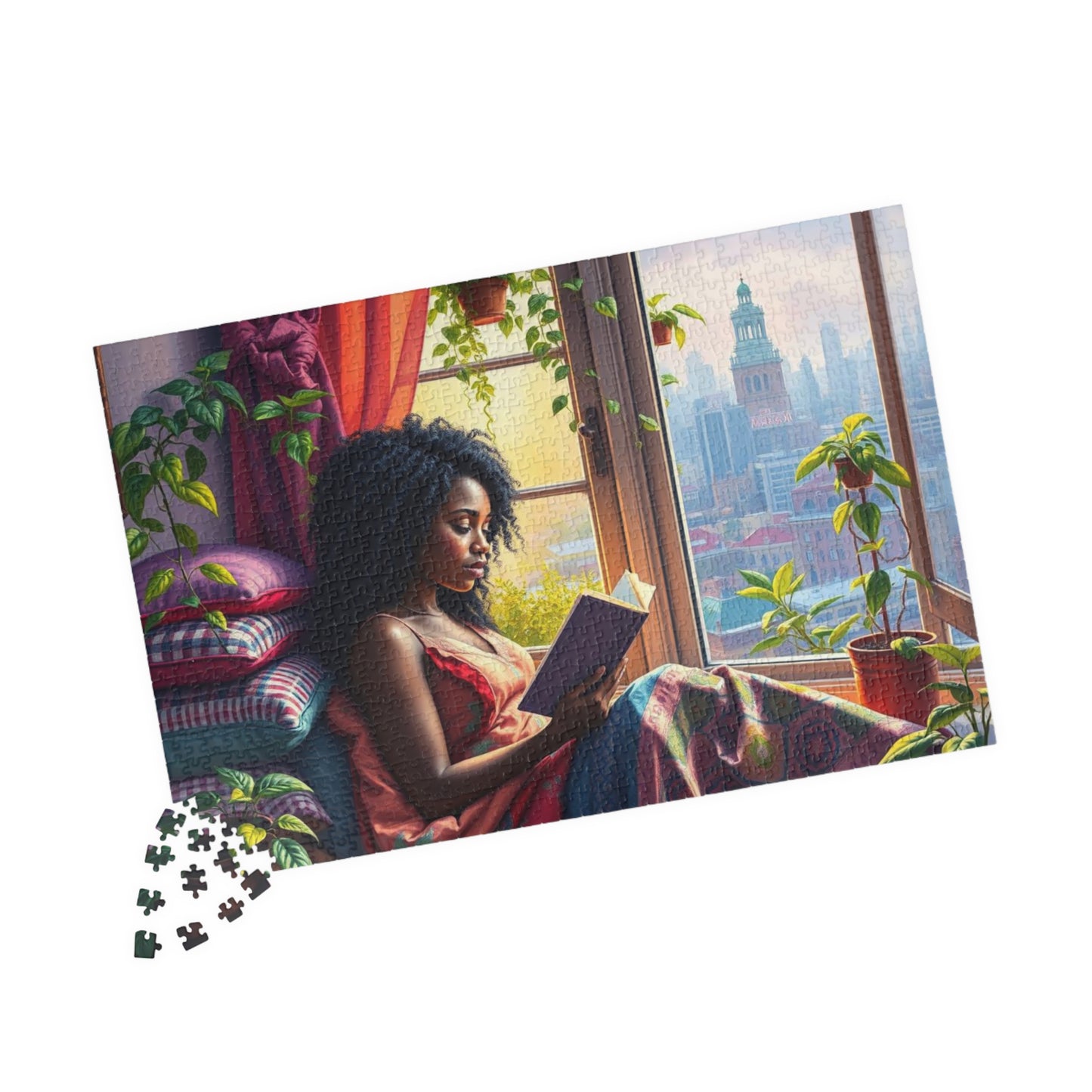 Black Woman Reading by Window Puzzle | Cozy Booklover Jigsaw Puzzle, City View