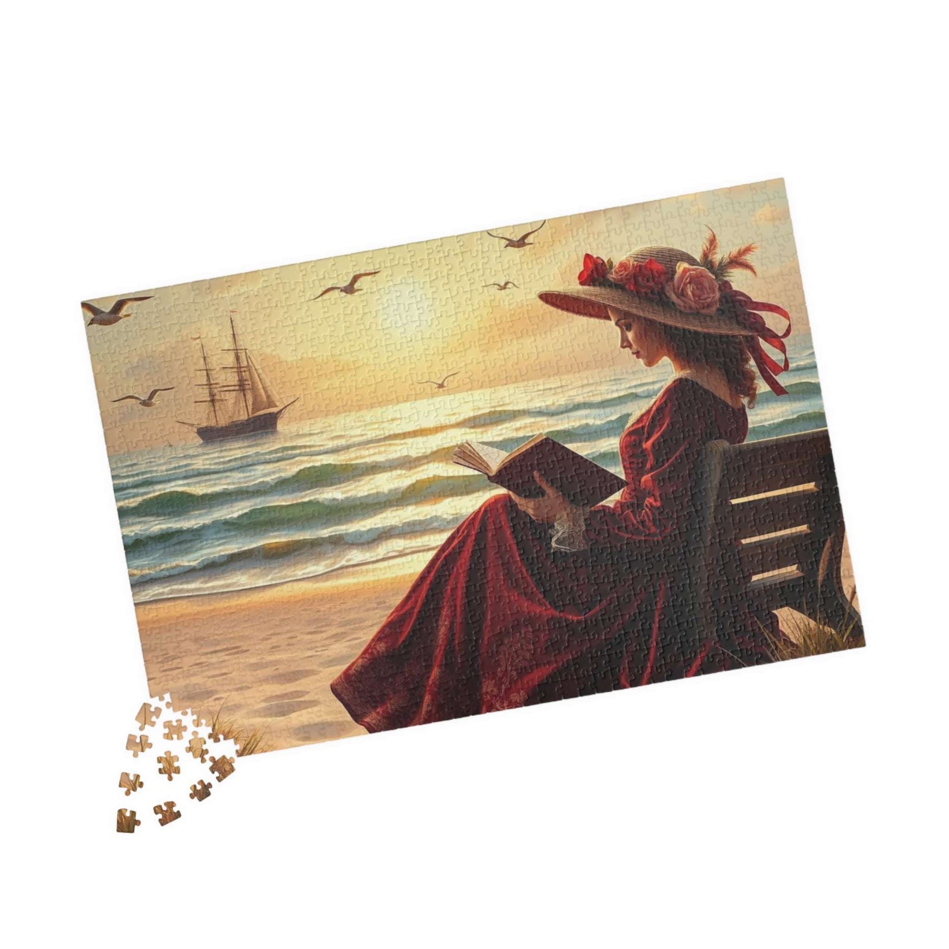 Victorian Seaside Reverie Jigsaw Puzzle - Elegant Woman Reading on the Shoreline, Romantic Vintage Puzzle Art Game 1014 pcs (Horizontal) Puzzle The Puzzle Chest
