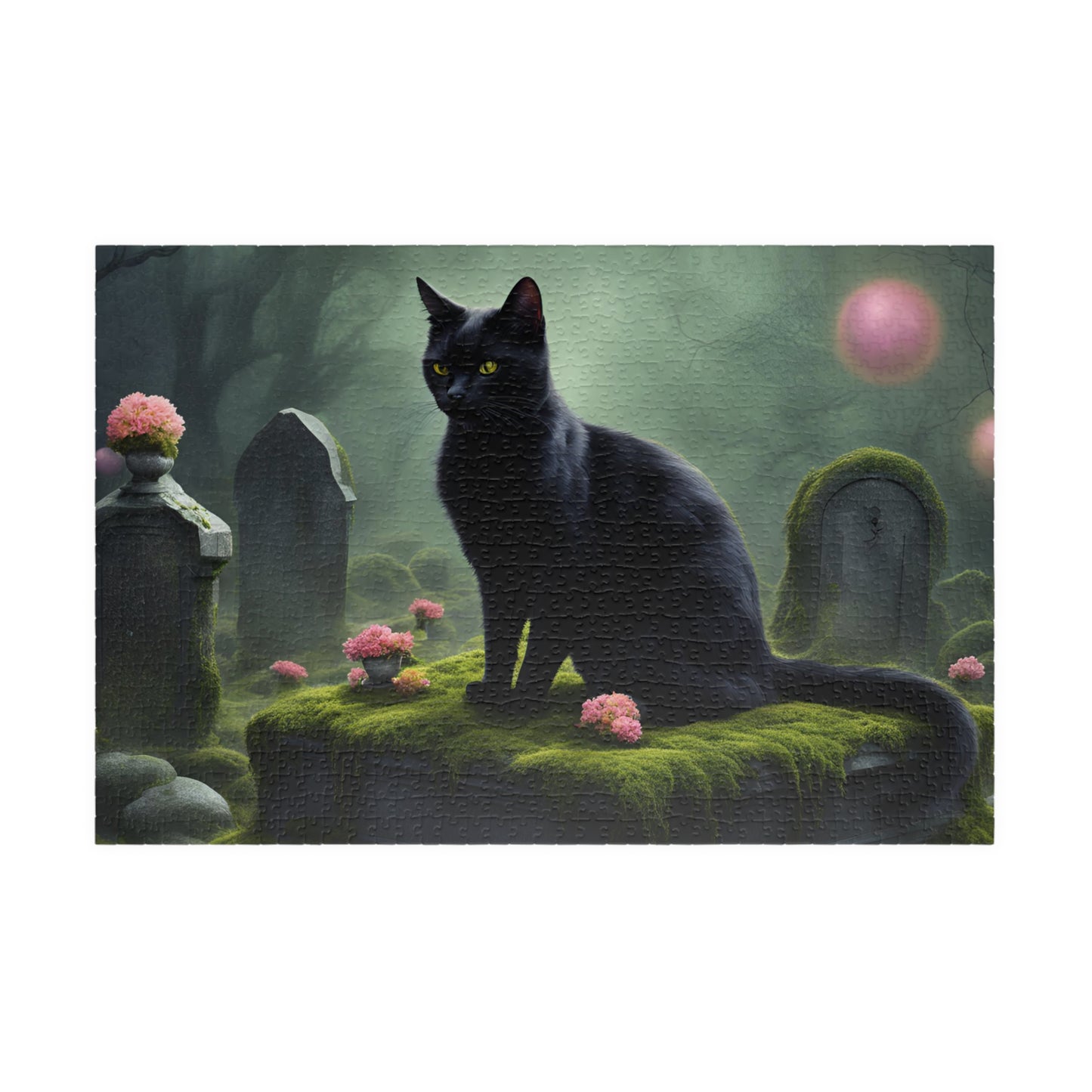 Gothic Cat Puzzle (110-1014 Piece), Black Kitten on Tombstone, Eerie Graveyard Jigsaw Game, Halloween Activity, Gift for Animal Cat Lovers 1014 pcs (Horizontal) Puzzle The Puzzle Chest
