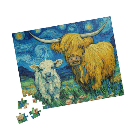 Highland Cow and Calf Puzzle 110/252/520/1014-piece | Van Gogh Starry Sky Style Jigsaw 110 pcs (Horizontal) Puzzle The Puzzle Chest