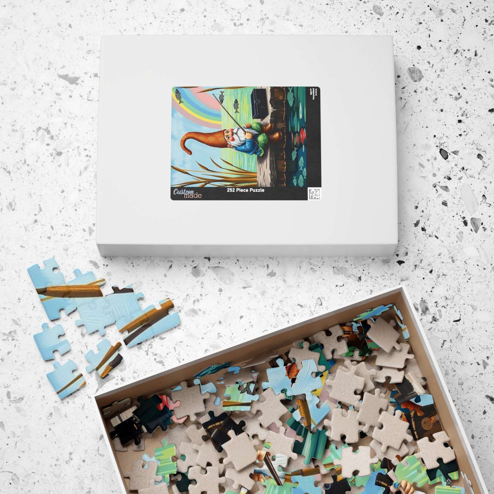 Gnome Fishing on Dock – Watercolor Dwarf Storybook Lakeside Jigsaw Puzzle Puzzle The Puzzle Chest