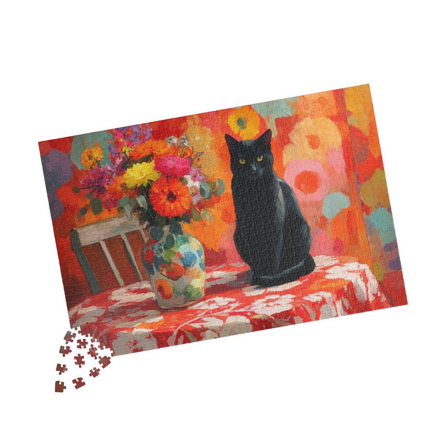 Cat and the Flowered Tablecloth – Fauvist Black Cat Jigsaw Puzzle, Animal Theme Art Puzzle, Matisse-Inspired 1014 pcs (Horizontal) Puzzle The Puzzle Chest
