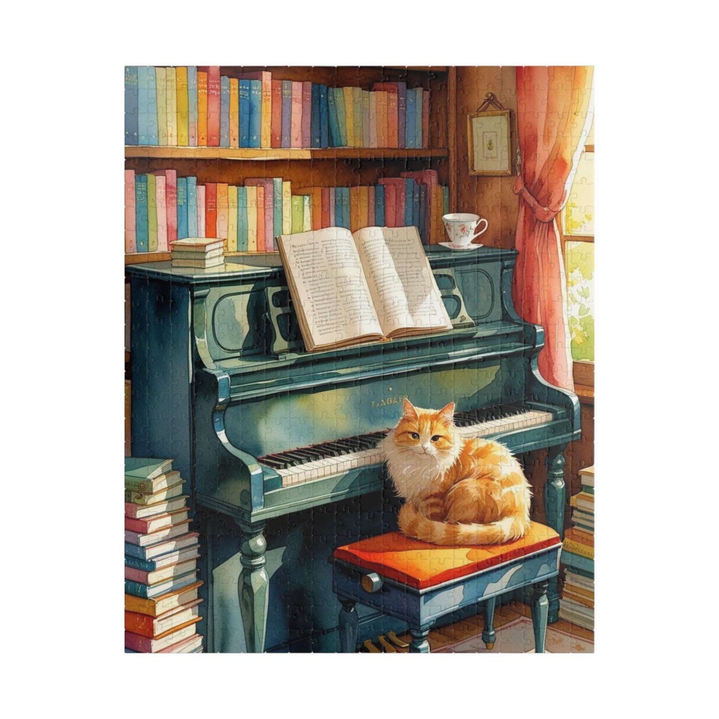 Cozy Piano Reading Nook Jigsaw Puzzle, Birthday Gift for Book Lover, Cat Mom, Piano Teacher & Music Fan, Cat Themed Puzzle, Indoor Activity