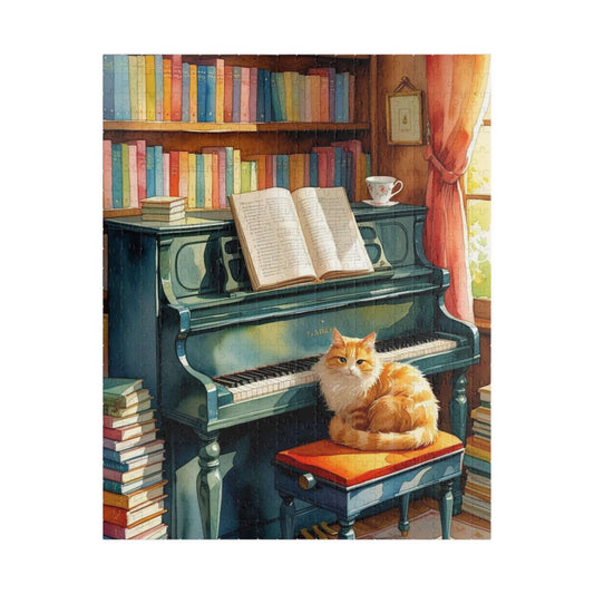 Cozy Piano Reading Nook Jigsaw Puzzle, Birthday Gift for Book Lover, Cat Mom, Piano Teacher & Music Fan, Cat Themed Puzzle, Indoor Activity