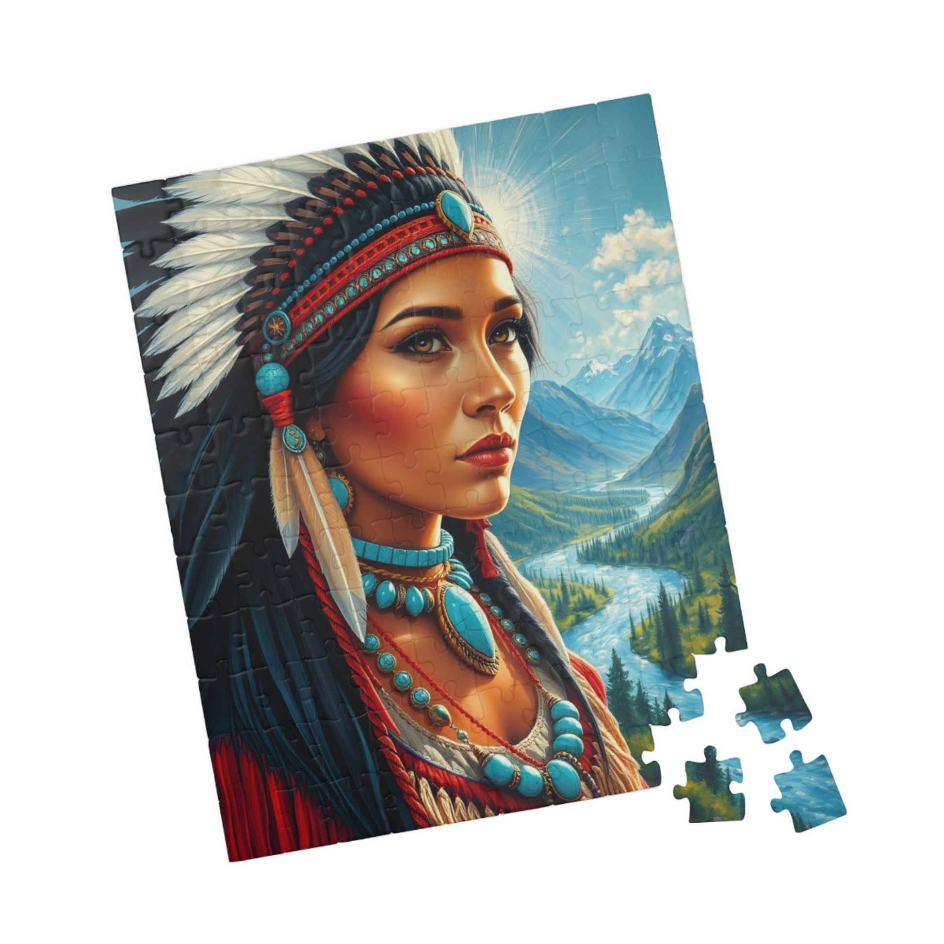 Puzzle, Indigenous Bride with Dark Eyes and Tan Skin, Buckskin Dress, Turquoise Necklace, Feather Headdress Natural Landscape, Mountains, Puzzle The Puzzle Chest