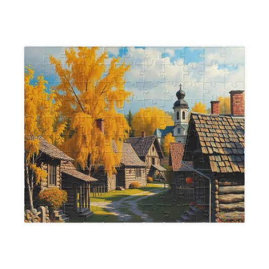 Rustic Slavic Village Jigsaw Puzzle for Adults, Autumn Wooden Cottages Golden Birch Trees, Gift for Friends, Family Activity, Creative Hobby 110 pcs (Horizontal) Puzzle The Puzzle Chest