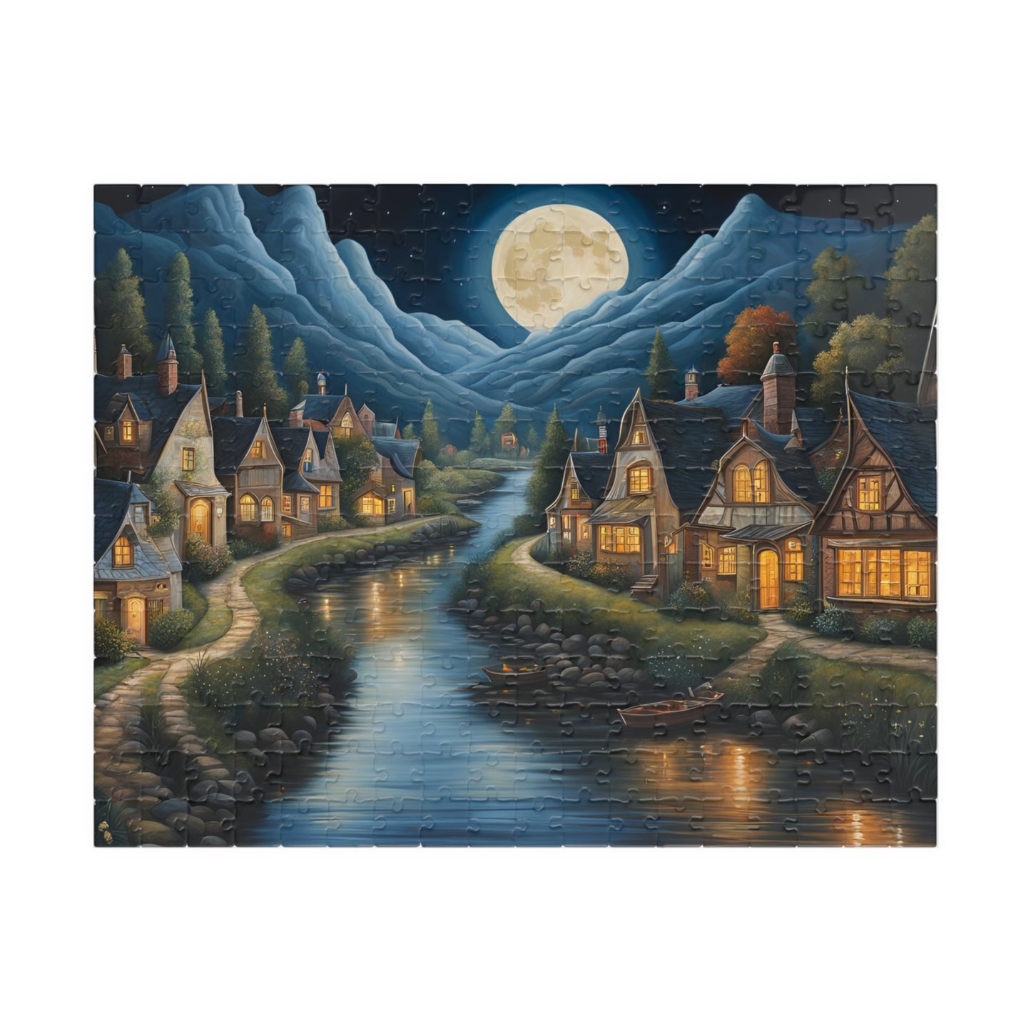 Nordic Night Village Puzzle, Serene Moonlit River Landscape, Cozy Scandinavian River Town Jigsaw Game, Mindfulness Gift for Puzzle Lover 252 pcs (Horizontal) The Puzzle Chest