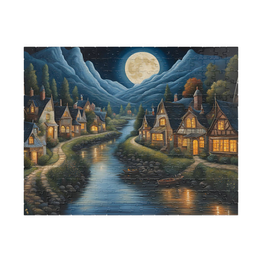 Nordic Night Village Puzzle, Serene Moonlit River Landscape, Cozy Scandinavian River Town Jigsaw Game, Mindfulness Gift for Puzzle Lover 252 pcs (Horizontal) The Puzzle Chest