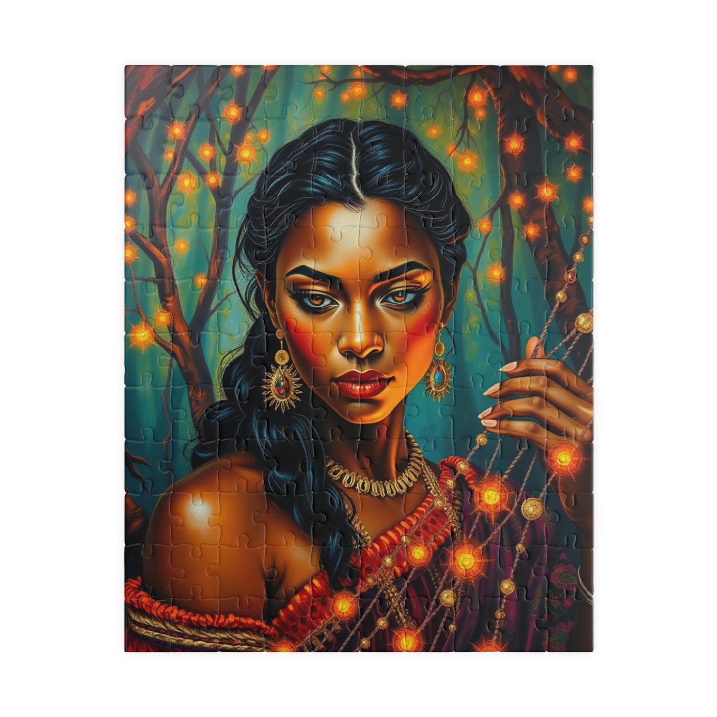 Indigenous Woman Portrait Puzzle, Beautiful Bioluminescent Forest Scene, Family Friendly Mindful Jigsaw Game, Challenge for Puzzle Lover 110 pcs (Vertical) Puzzle The Puzzle Chest