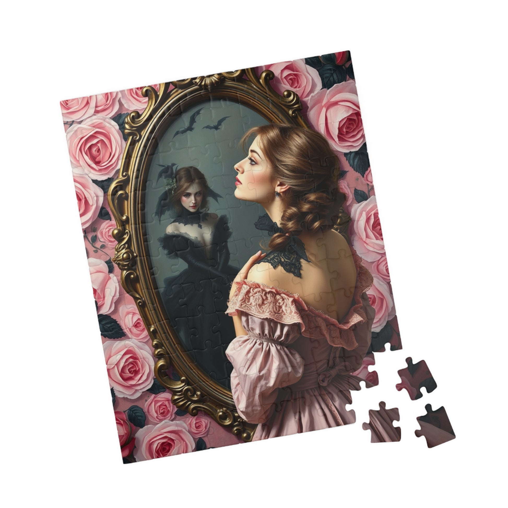 Dark Romance Gothic Puzzle, Victorian Woman and Floral Mirror Transformation Scene, Fantasy Fairytale Jigsaw Game for Adults, Unique Gift Puzzle The Puzzle Chest