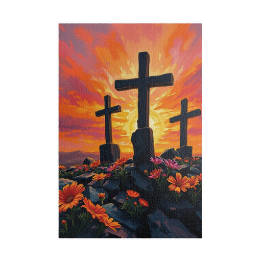 Three Crosses Sunrise Puzzle, Christian Wildflower Jigsaw Game, Spiritual Uplifting Scene with Wooden Crosses, Religious Puzzle Lover Gift