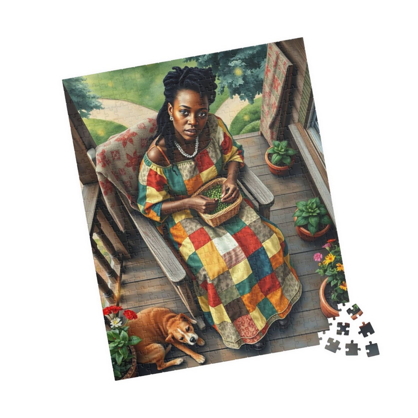The Homemaker Jigsaw Puzzle – Black Woman Shelling Peas with Dog, Afrocentric Art, African American Artwork 520 pcs (Vertical) Puzzle The Puzzle Chest
