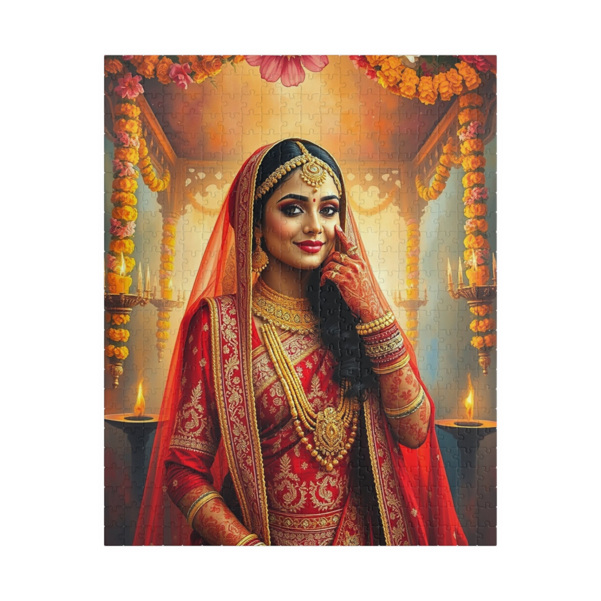 Puzzle, Indian Bride in Red and Gold Lehenga, Henna and Gold Jewelry, 520-Piece Jigsaw, Meditation, Relaxation, Mindfulness, Indian Wedding 520 pcs (Vertical) Puzzle The Puzzle Chest