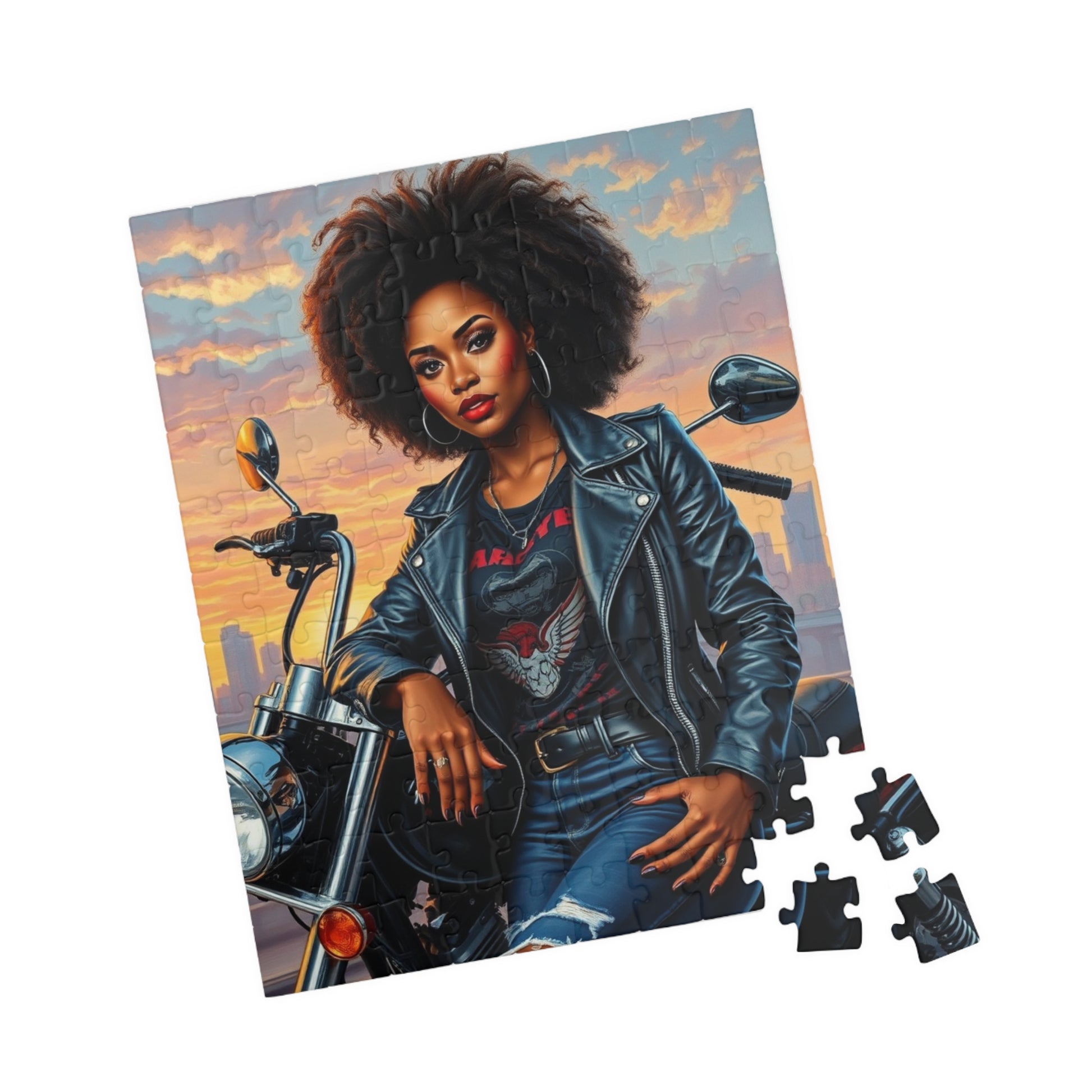 Motorcycle Chic Puzzle - 110, 252, 520, 1014-Piece African American Woman, Perfect Gift for Bikers, Adventurers, and Puzzle Enthusiasts Puzzle The Puzzle Chest