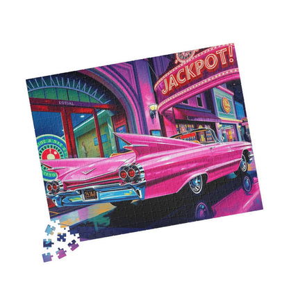 Vintage Car Puzzle - 1959 Pink Eldorado, Retro Casino and Classic Vehicle Scene Puzzle The Puzzle Chest