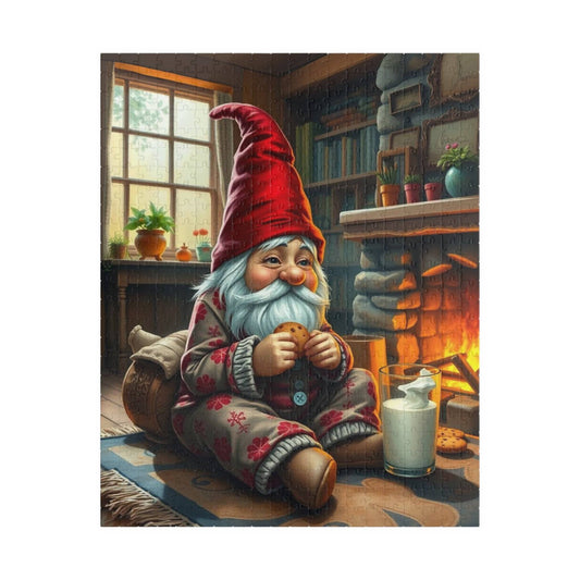 Gnome Pajama Snack – Cozy Cottage Fireplace Milk and Cookies Jigsaw Puzzle Puzzle The Puzzle Chest