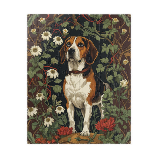 Vintage Beagle Jigsaw Puzzle, Woodland Forest Floral Flower Dog Theme Game, Indoor Fun Family Friendly Activity, Pet Owner Gift, Animal Love