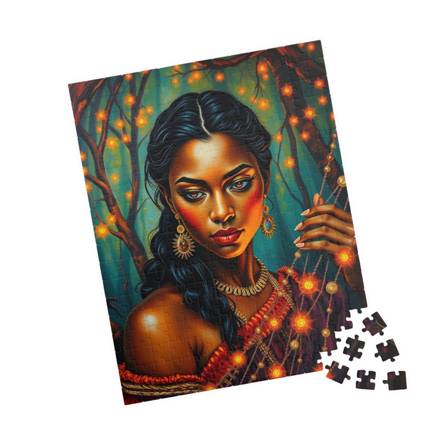 Indigenous Woman Portrait Puzzle, Beautiful Bioluminescent Forest Scene, Family Friendly Mindful Jigsaw Game, Challenge for Puzzle Lover Puzzle The Puzzle Chest