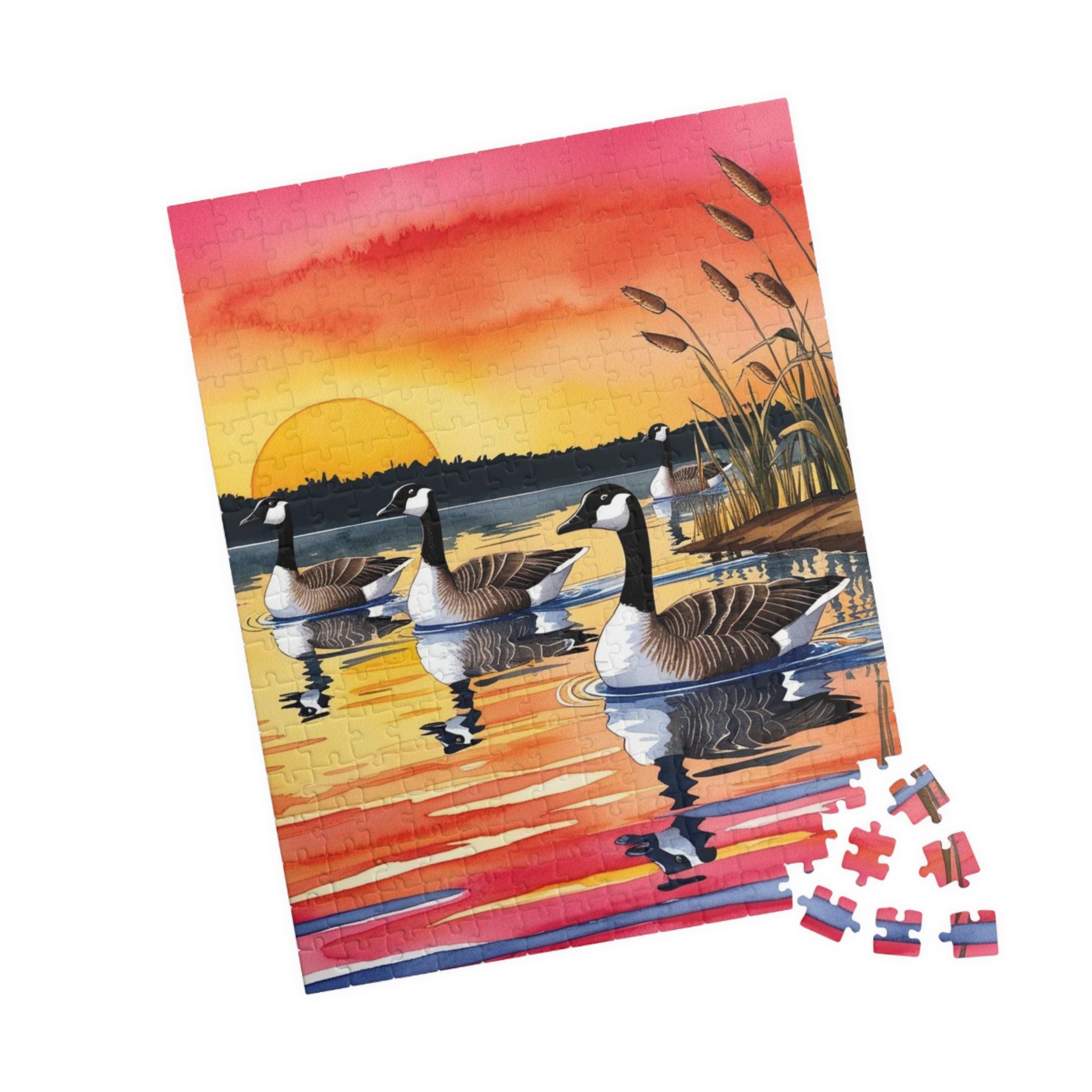 Puzzle, Geese Gliding Across Glassy Lake, 110 252 520 1014-Piece Sunset Jigsaw Game, Relaxing Activity, Bird Lovers Gift, Wildlife Art Puzzle The Puzzle Chest