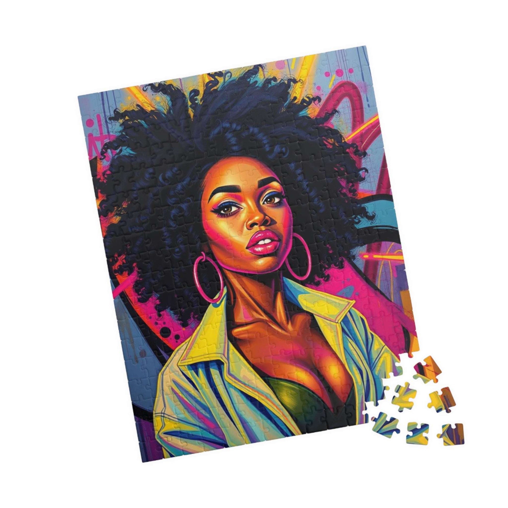 Black Woman Afro Puzzle - Abstract Pop Art Graffiti Background Jigsaw, Afrocentric, Black Art, 110, 252, 520, 1014-piece 252 pcs (Vertical) Puzzle The Puzzle Chest