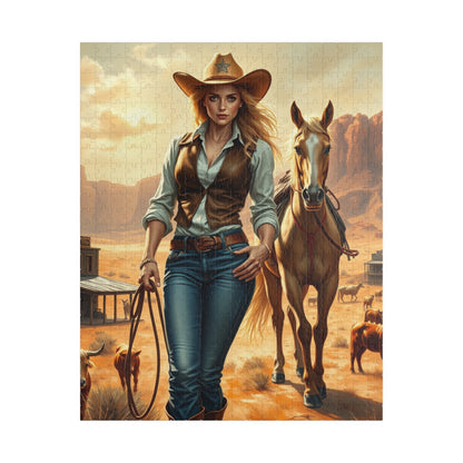 Blonde Cowgirl Puzzle, Palomino Horse Saloon and Grazing Cattle in the Desert, Western Frontier Landscape Jigsaw Game, Puzzle Lover Gift 520 pcs (Vertical) Puzzle The Puzzle Chest