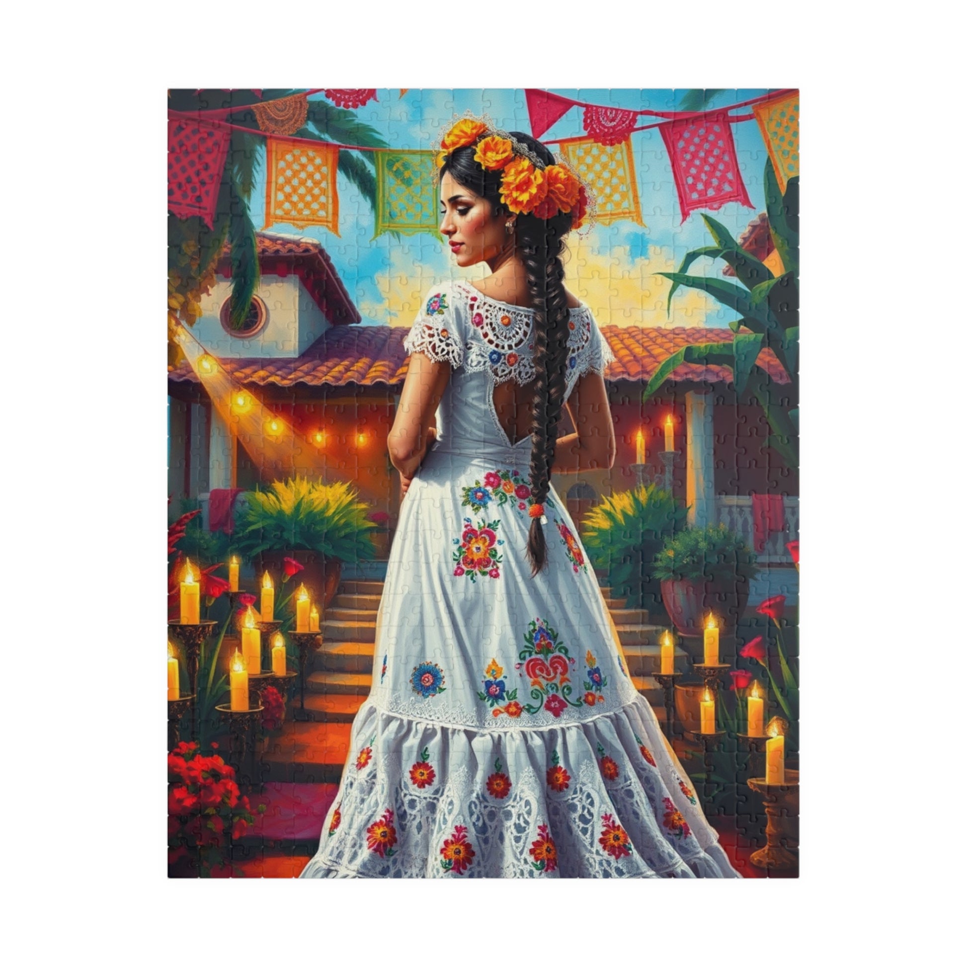 Mexican Bride Jigsaw Puzzle (110-1014 Piece), Lace Gown, Otomi Flowers, Hacienda Candles, Wedding Dress Design, Cultural Artwork Folklore 520 pcs (Vertical) Puzzle The Puzzle Chest