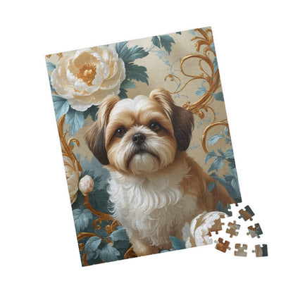 Jigsaw Puzzle - William Morris-Inspired Design with Shih Tzu and Peonies, 110, 252, 520, 1014-piece, Mind Teaser Brain Game Family Fun, Gift