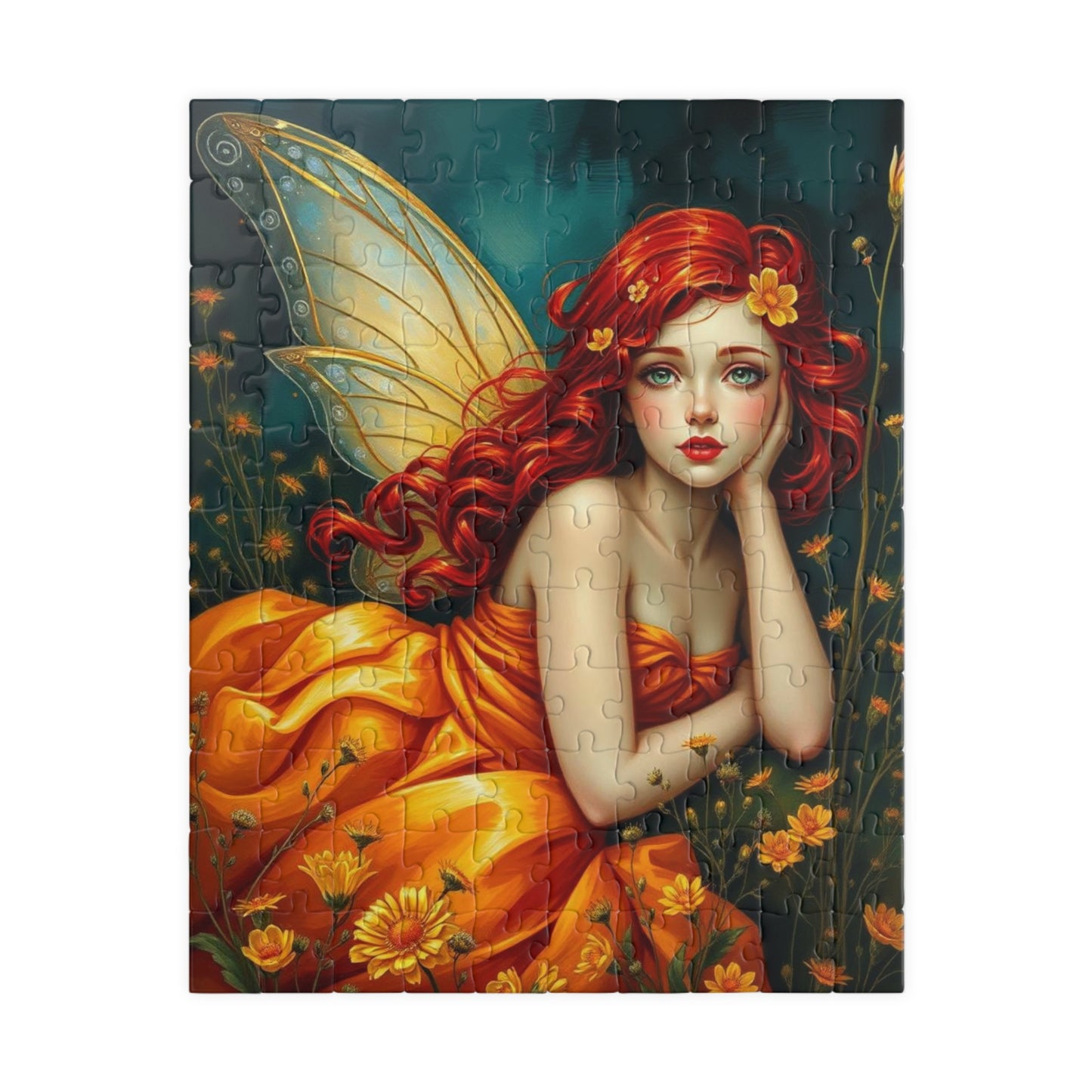 Fairy Dreamscape Jigsaw Puzzle - Red Haired Fairy in Night Wildflower Field 110-1014 Piece Mindful Gift for Family, Friend, Hospital Patient