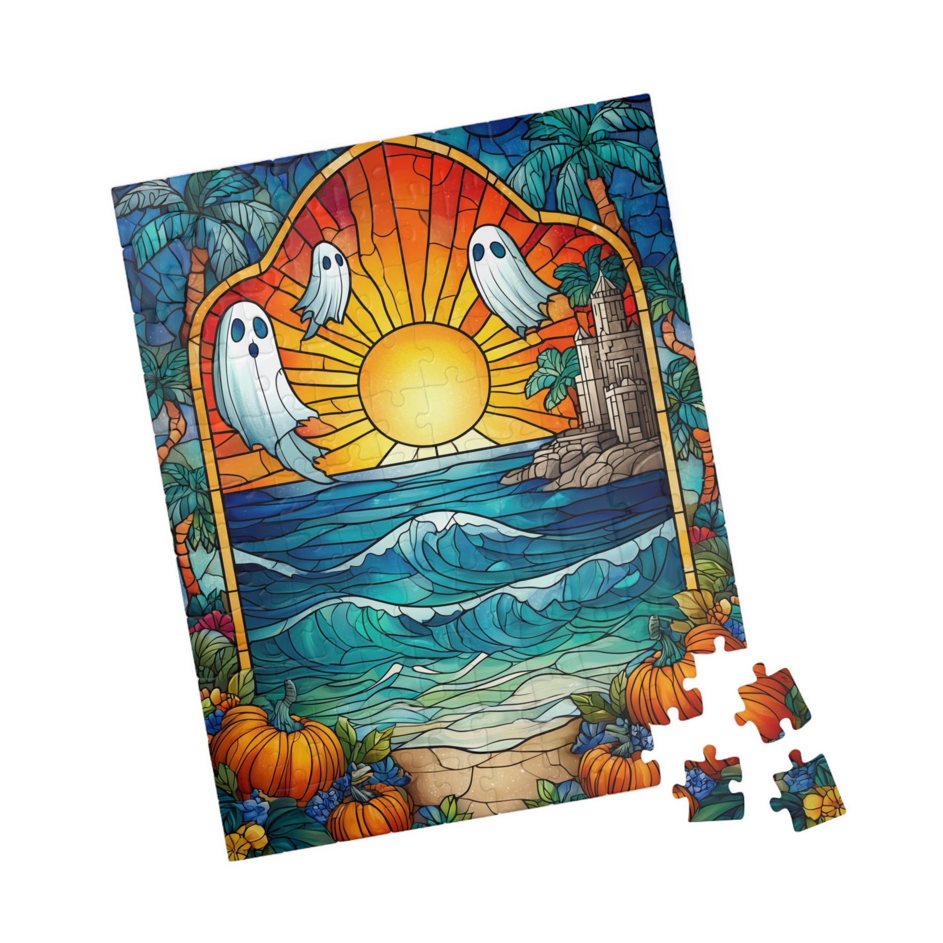 Stained Glass Style Sunset with Ghosts Puzzle | Ocean Waves, Pumpkins, Castle 110/252/520/1014-piece 110 pcs (Vertical) Puzzle The Puzzle Chest