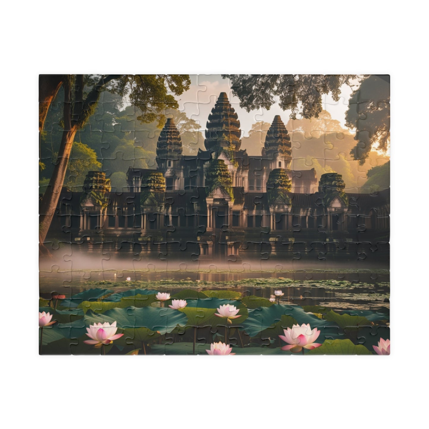 Mystical Angkor Wat Temple Jigsaw Puzzle with Lotus Flowers, Asian Ancient Temple Family Game, History Enthusiast Puzzle Lover Gift 110 pcs (Horizontal) Puzzle The Puzzle Chest