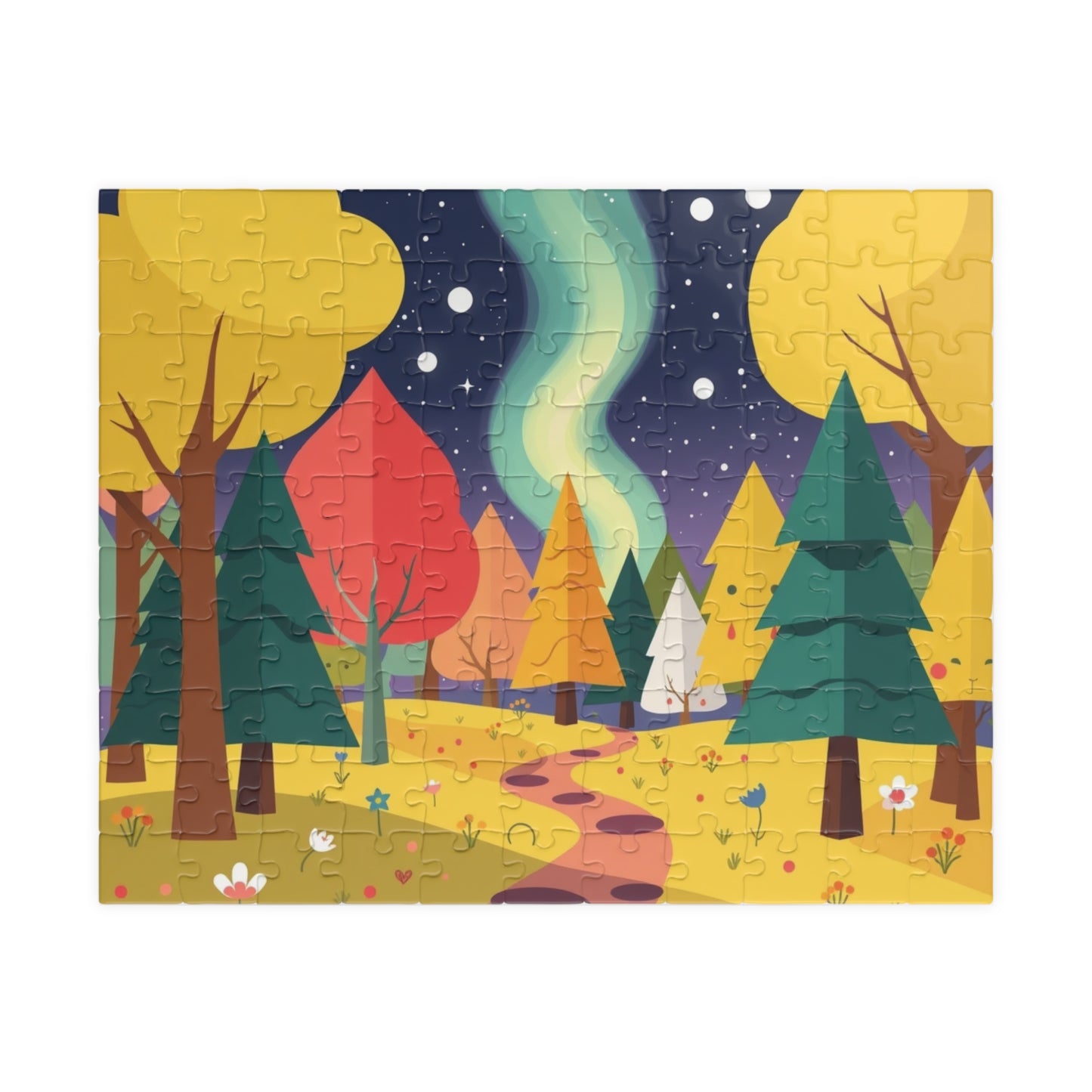 Magical Forest Landscape Jigsaw Puzzle - Abstract Geometric Trees in Bold Bright Colors 110 pcs (Horizontal) Puzzle The Puzzle Chest