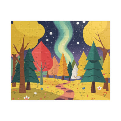 Magical Forest Landscape Jigsaw Puzzle - Abstract Geometric Trees in Bold Bright Colors 110 pcs (Horizontal) Puzzle The Puzzle Chest
