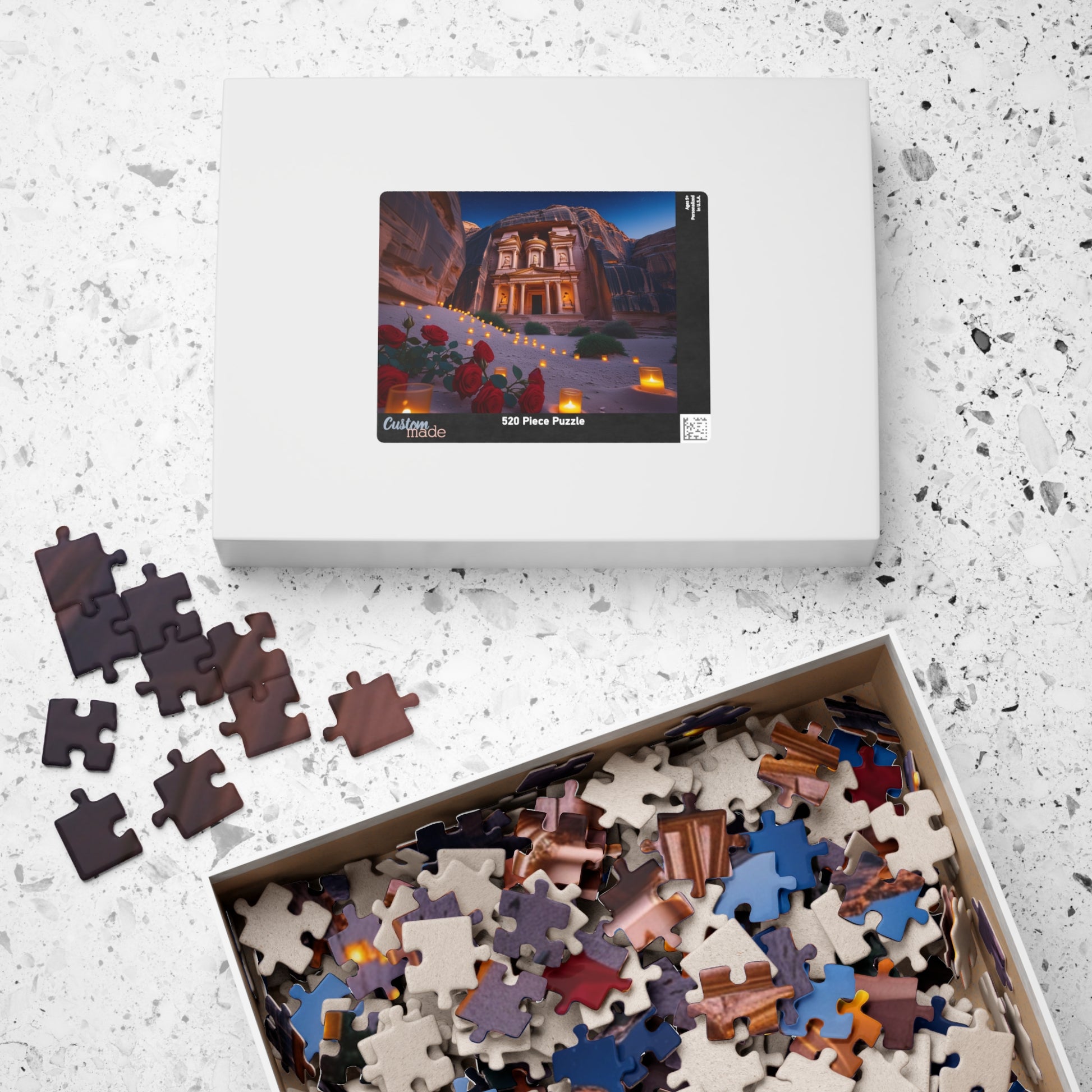 The Treasury at Petras Twilight Jigsaw Puzzle, Famous Ancient Landmark, Candlelit Lanterns Desert Roses, Mindfulness Gift for Puzzle Lover Puzzle The Puzzle Chest