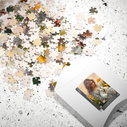 Whimsical Bunny Jigsaw Puzzle, Woman in Nature Theme, Puzzle Lover Gift for Friend Family Game Night or Solo Fun, Rabbit Art Animal Artwork Puzzle The Puzzle Chest