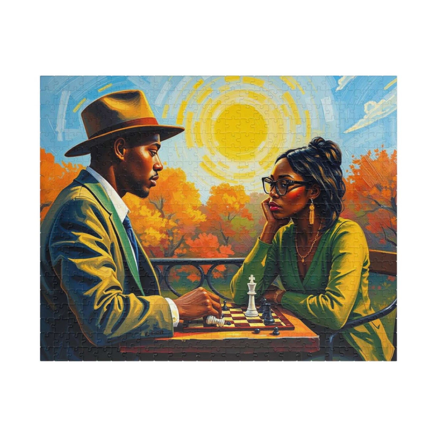 Black Art Jigsaw Puzzle - Black Couple Playing Chess, Afrocentric Gift for Friends, Brain Teaser, Fun Family Game Night 520 pcs (Horizontal) Puzzle The Puzzle Chest