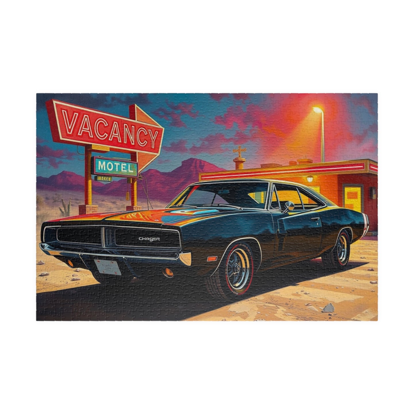 Vintage Muscle Car Puzzle, Black 1969 Dodge Charger, Classic Car Desert Motel Scene Jigsaw Game for Him, Unique Puzzle Lover Gift, Mindful 1014 pcs (Horizontal) Puzzle The Puzzle Chest