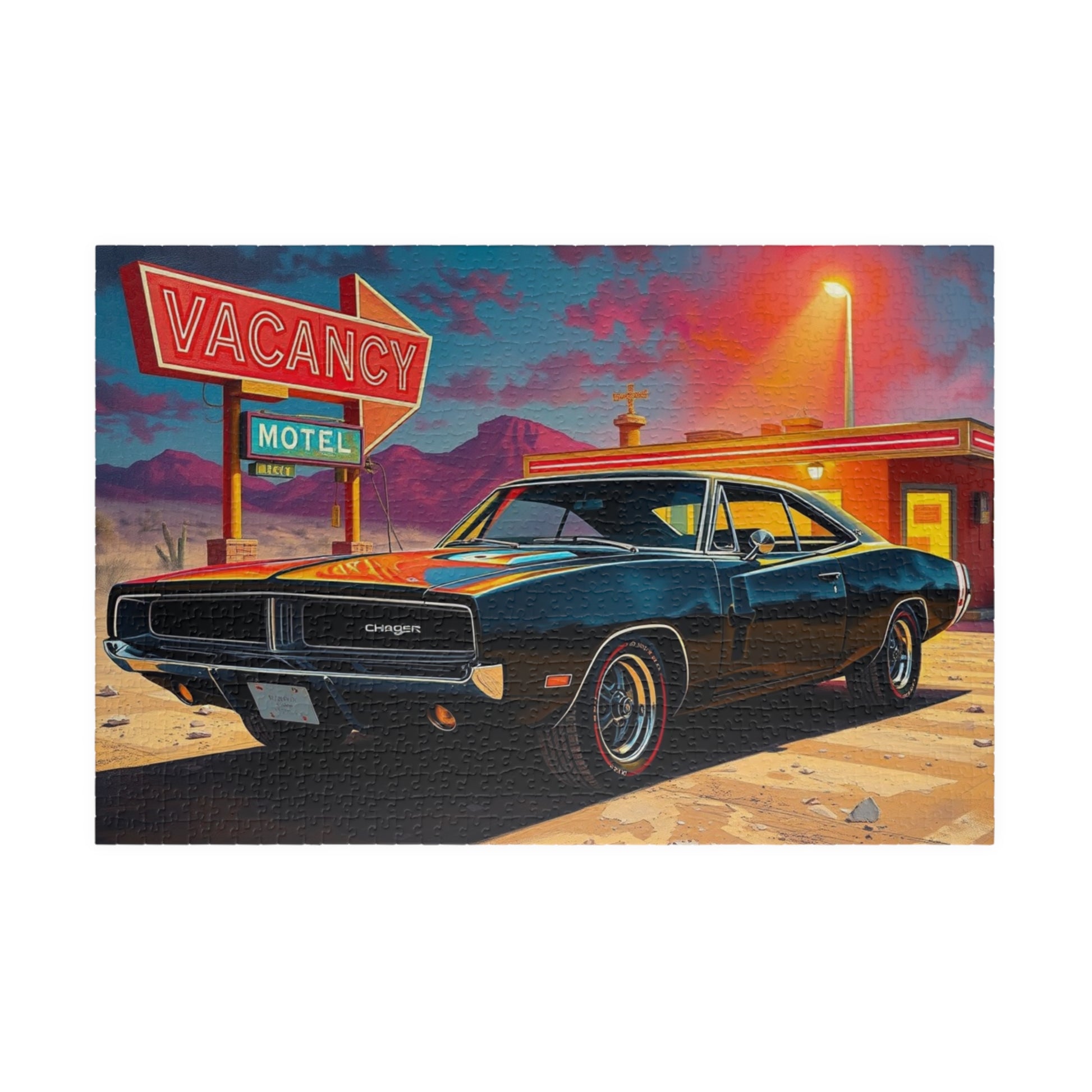 Vintage Muscle Car Puzzle, Black 1969 Dodge Charger, Classic Car Desert Motel Scene Jigsaw Game for Him, Unique Puzzle Lover Gift, Mindful 1014 pcs (Horizontal) Puzzle The Puzzle Chest