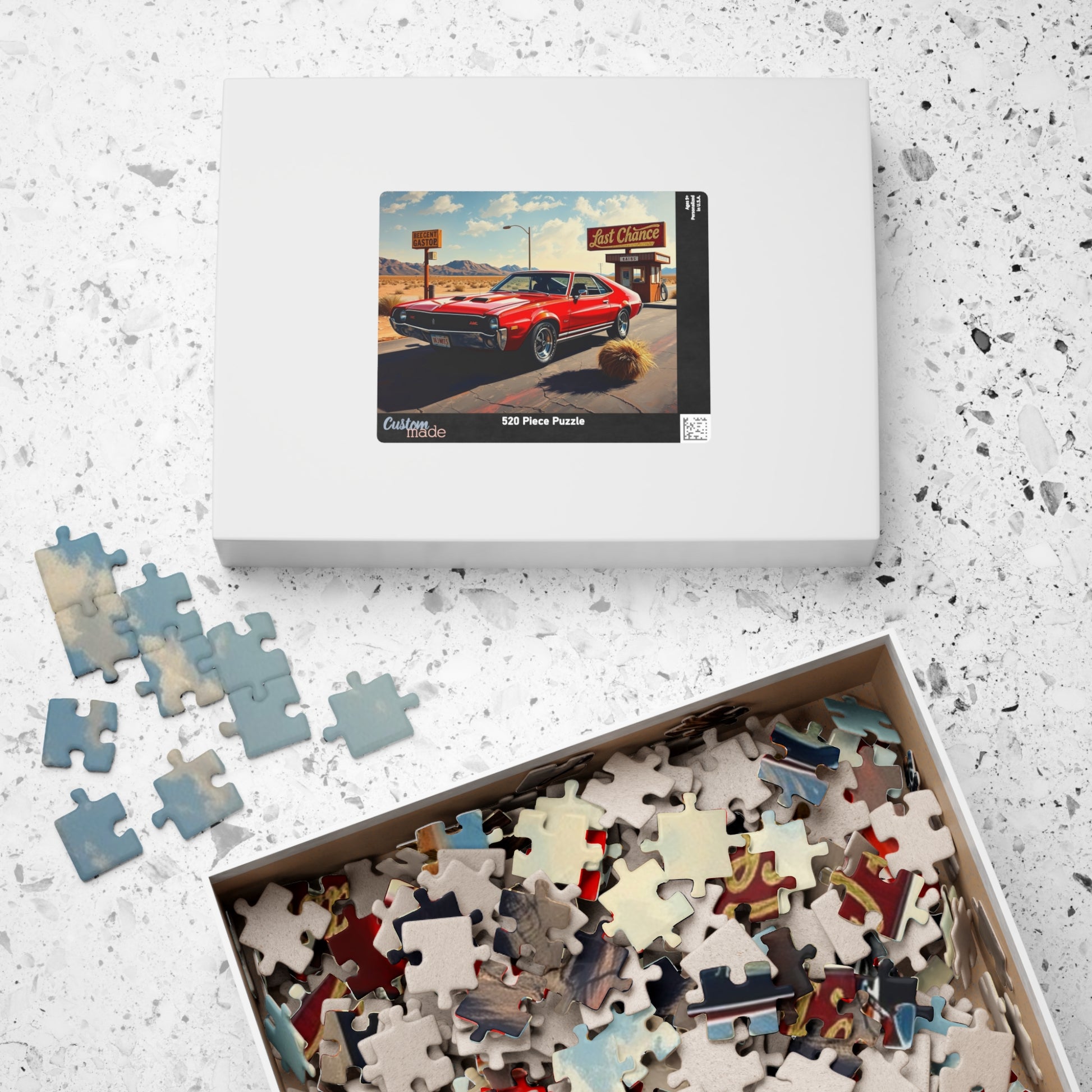 Vintage Car Puzzle, Classic Red 1969 AMC AMX, Desert Setting with Rusty Gas Sign and Tumbleweed, Retro Car Enthusiast Puzzle Lover Gift Puzzle The Puzzle Chest
