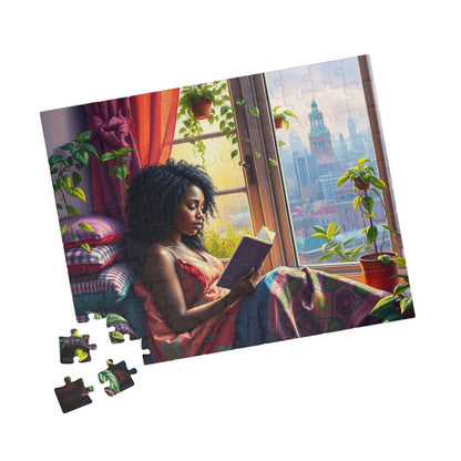 Black Woman Reading by Window Puzzle | Cozy Booklover Jigsaw Puzzle, City View